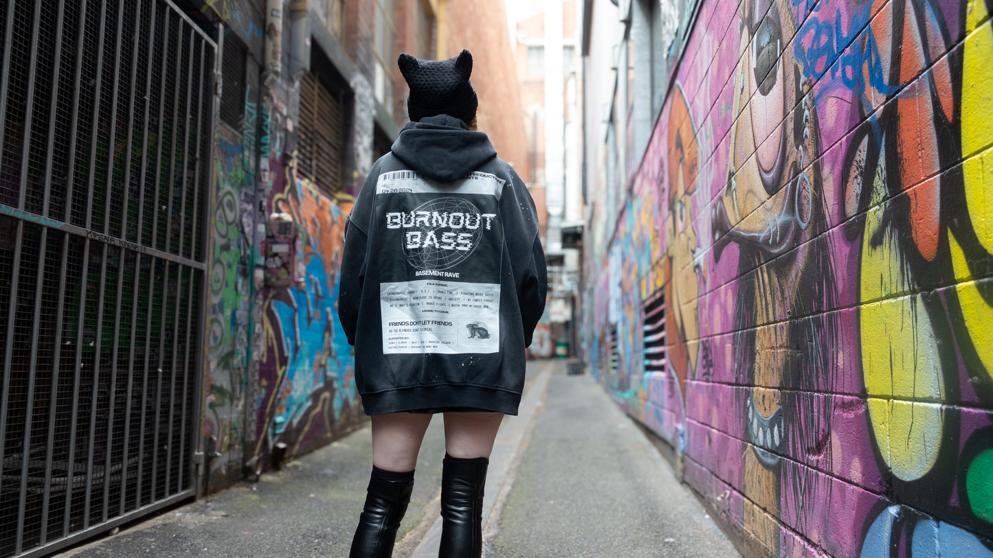 "Burnout Bass Basement Rave" Distressed Hoodie